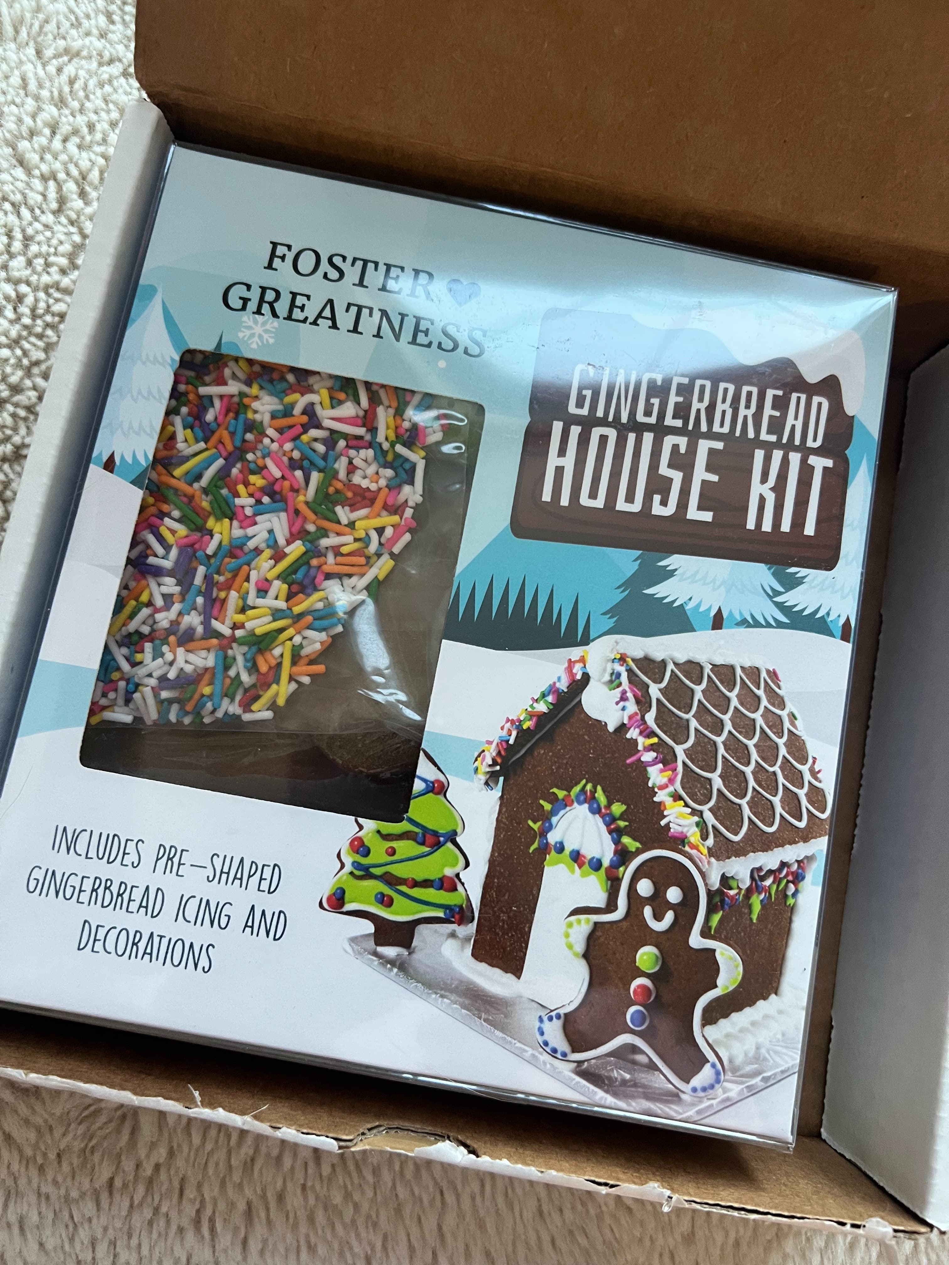 Example gingerbread house kit - decorated house with colorful candies and icing